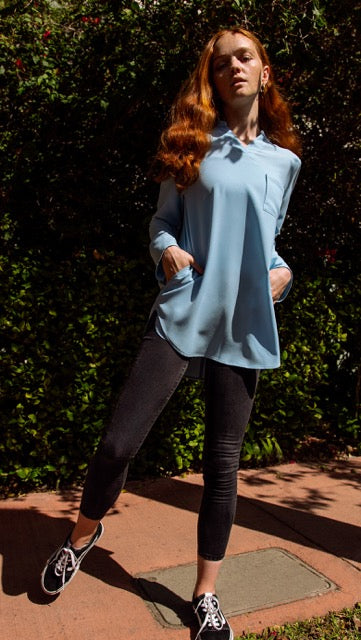 modest long blouses with pockets in sky blue